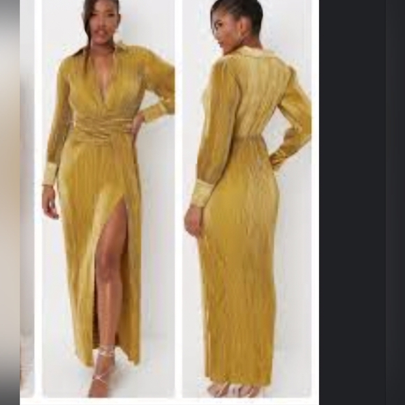 NWT Carli Bybel x Missguided Satin Plisse Plunging Maxi Dress sz 8 yellow gold - Picture 11 of 12